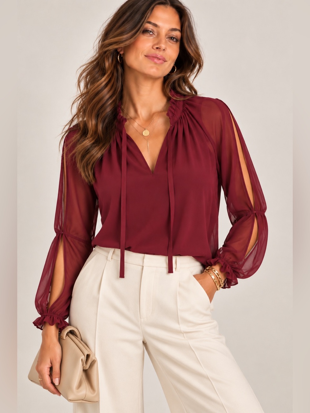New! Daniel Rainn Women’s Burgundy Split-Sleeve Blouse with Tie Neck